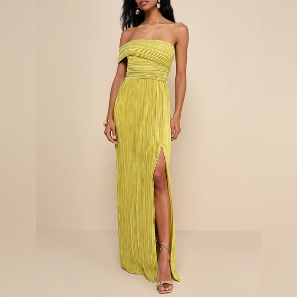 Lulu's Poised Performance Chartreuse Plisse One-Shoulder Maxi Dress - Picture 5 of 9